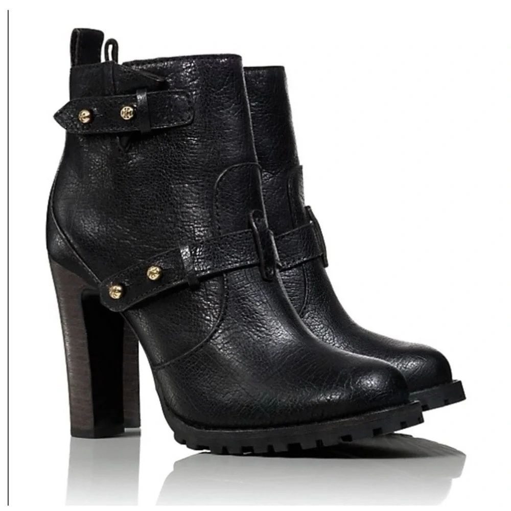 Tory Burch Landers Bootie Black Leather Studded Ankle Boots Chunky Heel Size 10